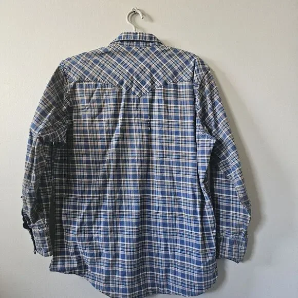 Wrangler Brushpopper Shirt Men's Size XLT Long‎ Tail Plaid Snaps Blue Vintage - Picture 11 of 15